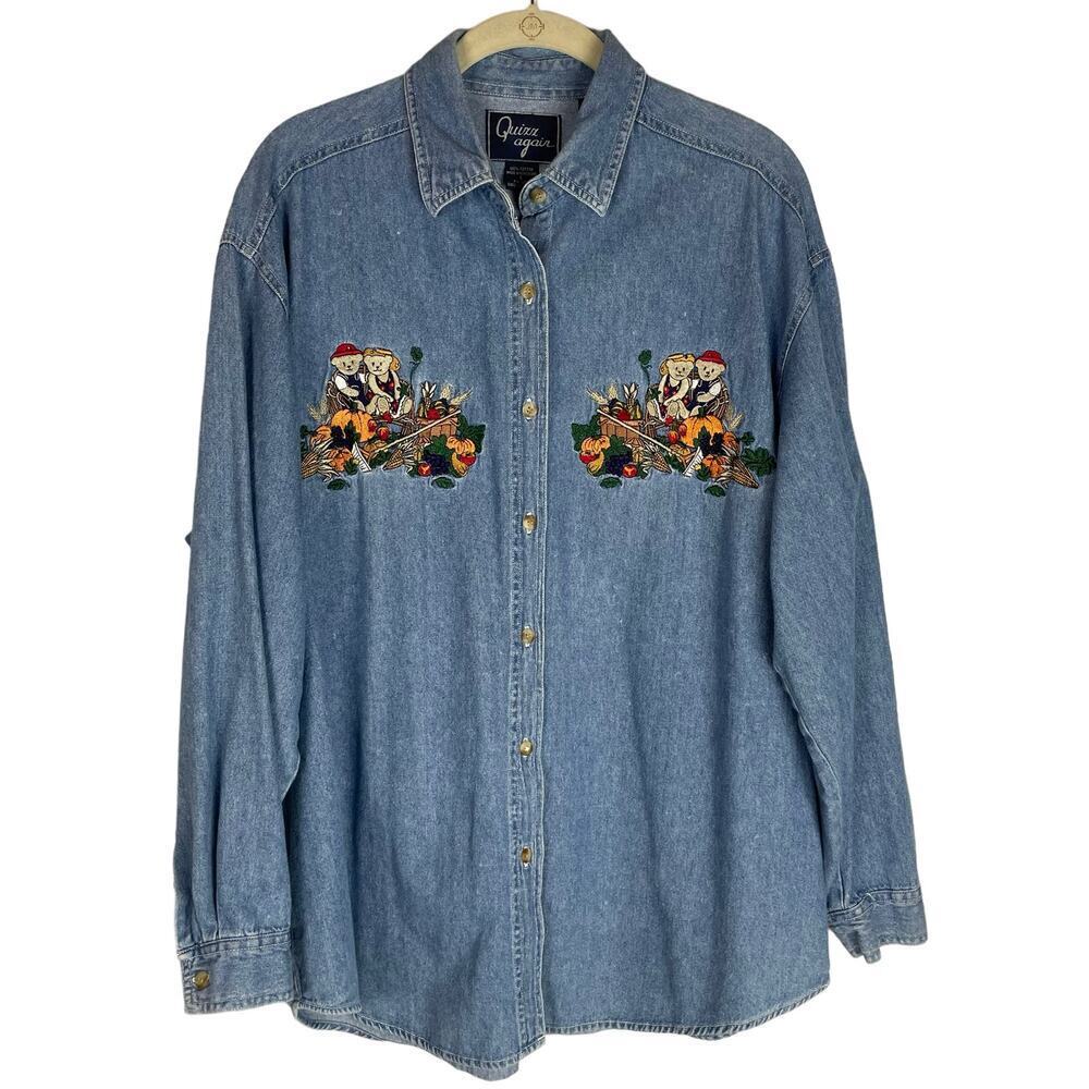 Vintage Fall Teddy Bear embroidered long sleeve denim shirt